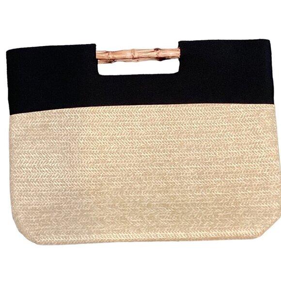 Donna Karan Cashmere Mist Tote Herringbone Straw & Black Canvas Bamboo 248E - Picture 2 of 4